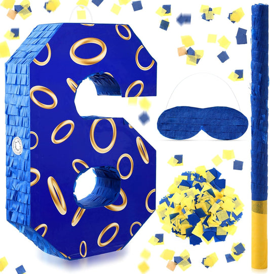 Number 6 Blue and Golden Rings Piñata for Kids Birthday Cartoon Theme Small Piñata with Blindfold Stick Confetti for Fiesta Cinco De Mayo Party Decor, 15.8 x 11 x 2.8 Inch