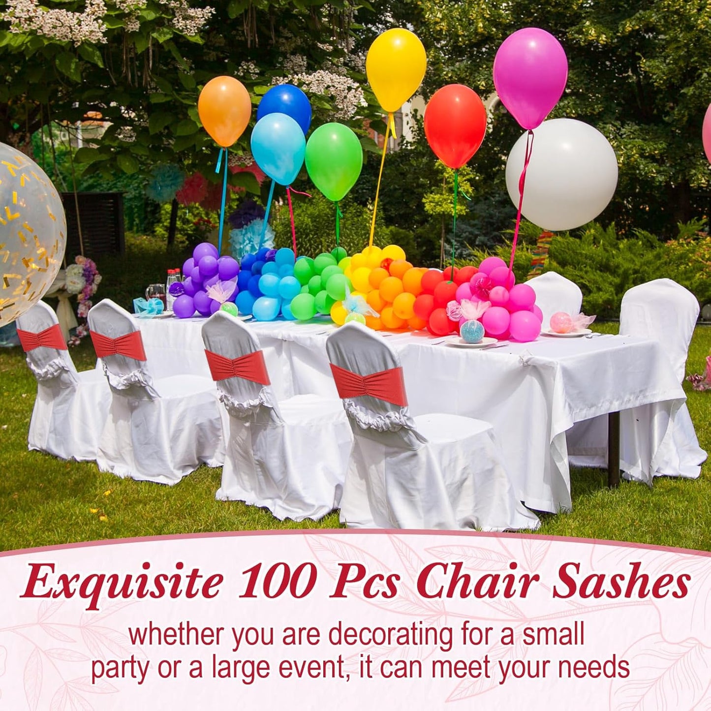 Moukeren 100 Pcs Spandex Chair Sashes Bows Bands Slider Sashes for Chair Covers Elastic Bands Ties Ribbon Decorations for Wedding Party Events Ceremony Birthday Banquet(Red)