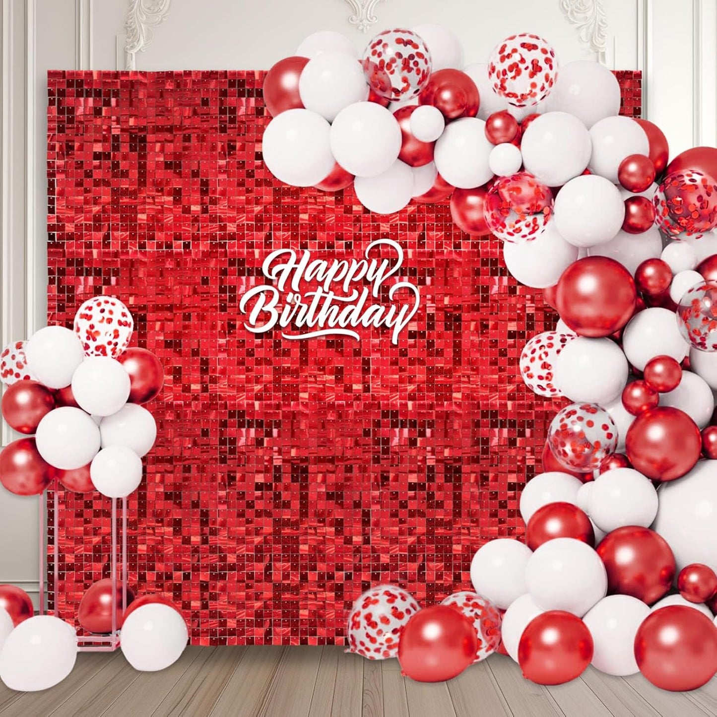 24PCS Red Shimmer Wall Backdrop, Laser Square Sequin Photo Backdrops Panel, Glitter Wall Background for Birthdays, Weddings, Christmas, Engagements, Disco Bachelorette Party Decoration (4FTx6FT)