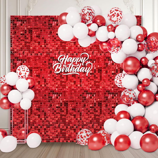 24PCS Red Shimmer Wall Backdrop, Laser Square Sequin Photo Backdrops Panel, Glitter Wall Background for Birthdays, Weddings, Christmas, Engagements, Disco Bachelorette Party Decoration (4FTx6FT)