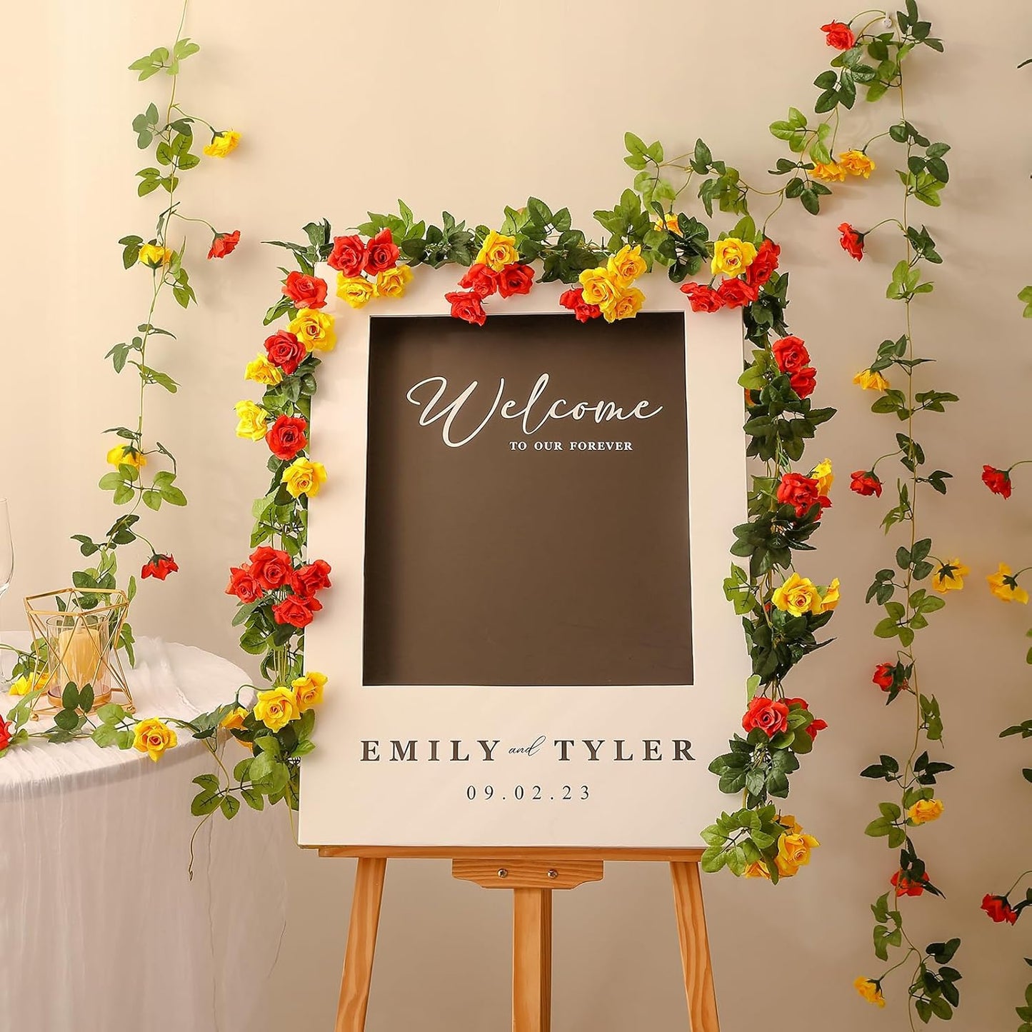 Floweroyal 4 Pack Artificial Flower Garlands 15.8FT Fake Rose Vines Silk Flowers Hanging Rose Ivy for Wedding Arch Party Home Garden Wall Decor (Orange Yellow)