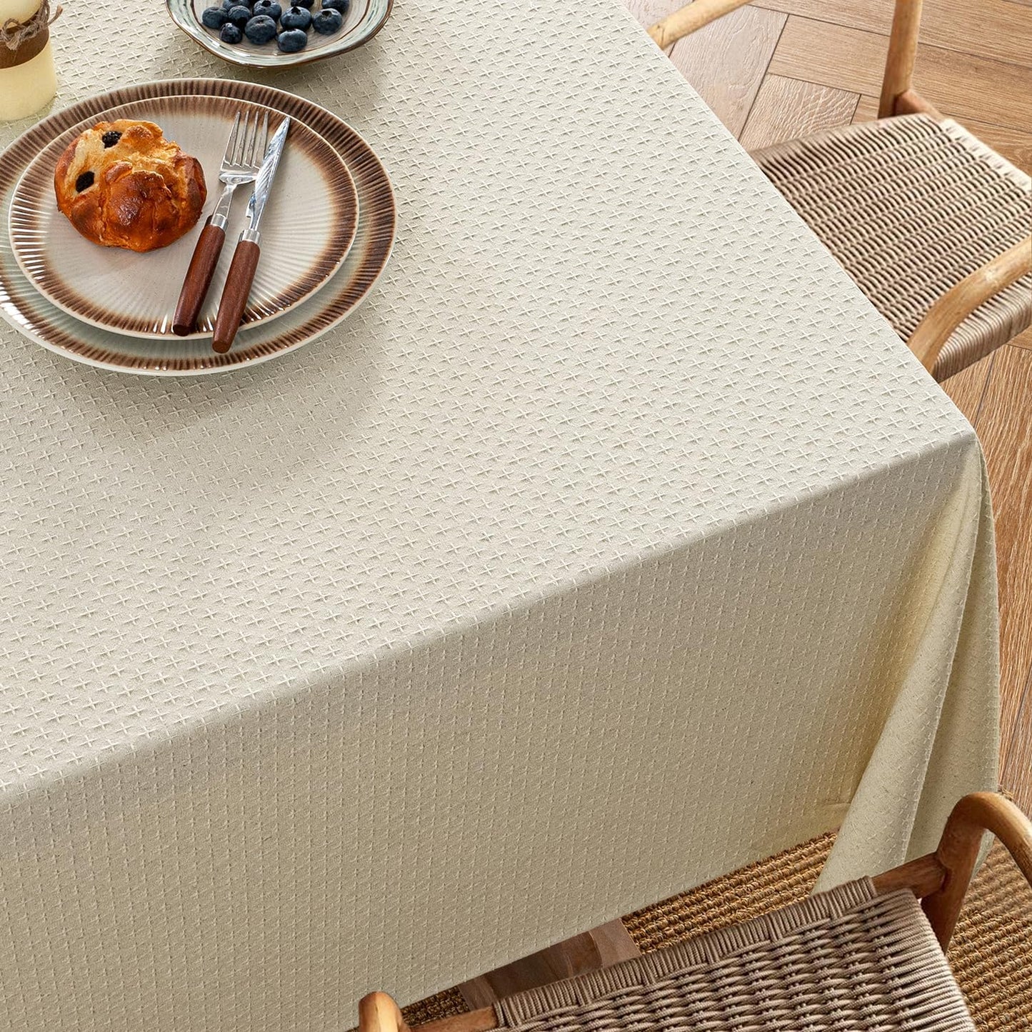 MIULEE Natural Linen Cottton Table Cloth Rectangle Tablecloth Waterproof Spillproof Cross-Star Textured Table Cltoth Decorative Farmhouse Style for Dining Party Weddings 60x84 Inch