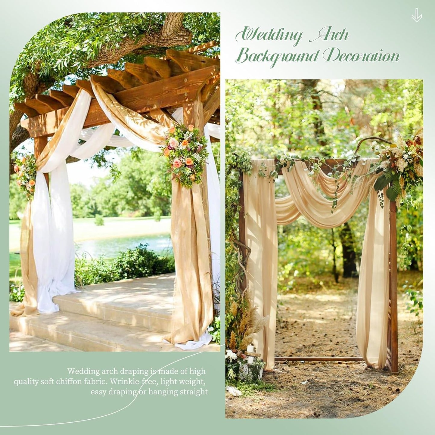 Wedding Arch Draping Fabric, 8 Panels 28" x 20ft Champagne Sheer Chiffon Curtain Drapes for Wedding Ceremony Reception Party Decoration