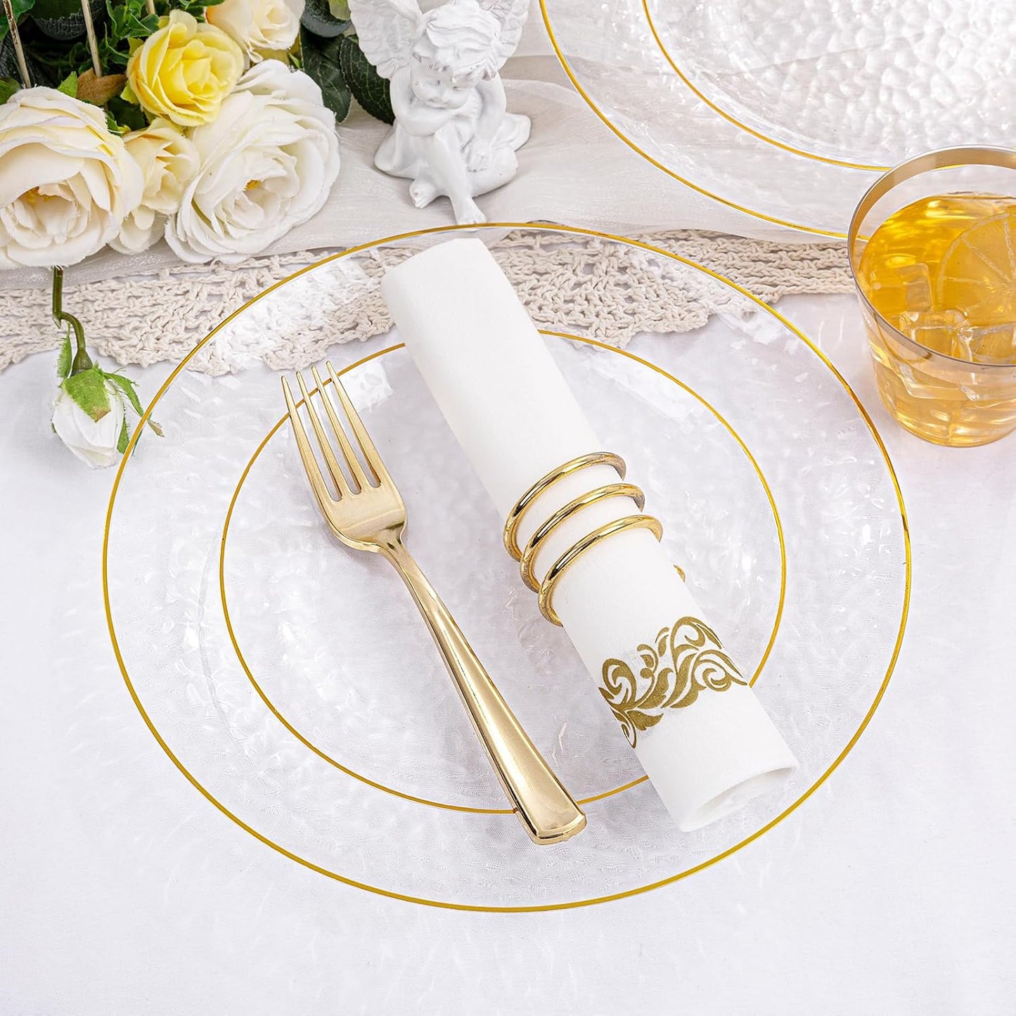 Rubtlamp 350 Pcs Clear Gold Plastic Plates, Hammered Disposable Dinnerware, Clear-Gold Plates Set Include 100 Plastic Platos, 150 Gold Disposable Silverware, 50 Cups And 50 Napkins for Party