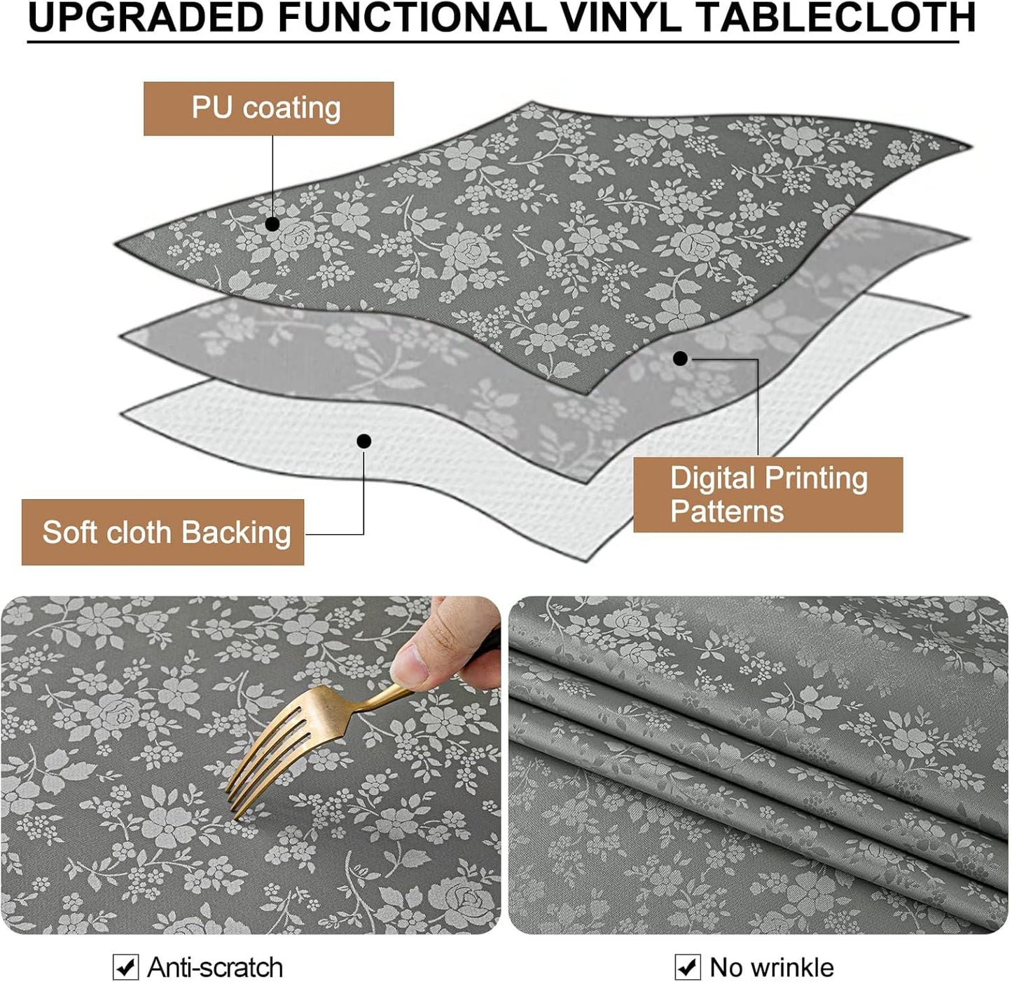 Smiry Rectangle Table Cloth, Waterproof Heavy Duty Vinyl Tablecloths, Wipeable Washable Table Cover for Kitchen and Dining Room (Grey, 54" X 108")