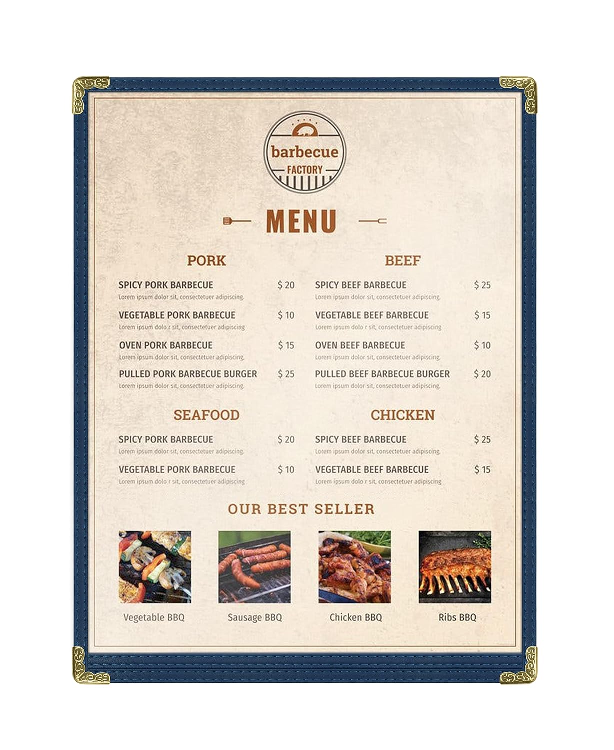 Goodsmart Restaurant Menu Covers – 25 Pack Blue 2-View, Top-Loading Menu Holders, Vinyl & Plastic Café Menu Covers, Clear Menu Sleeves, Fits 8.5" x 11", Leather-Style Design, Gold Corners