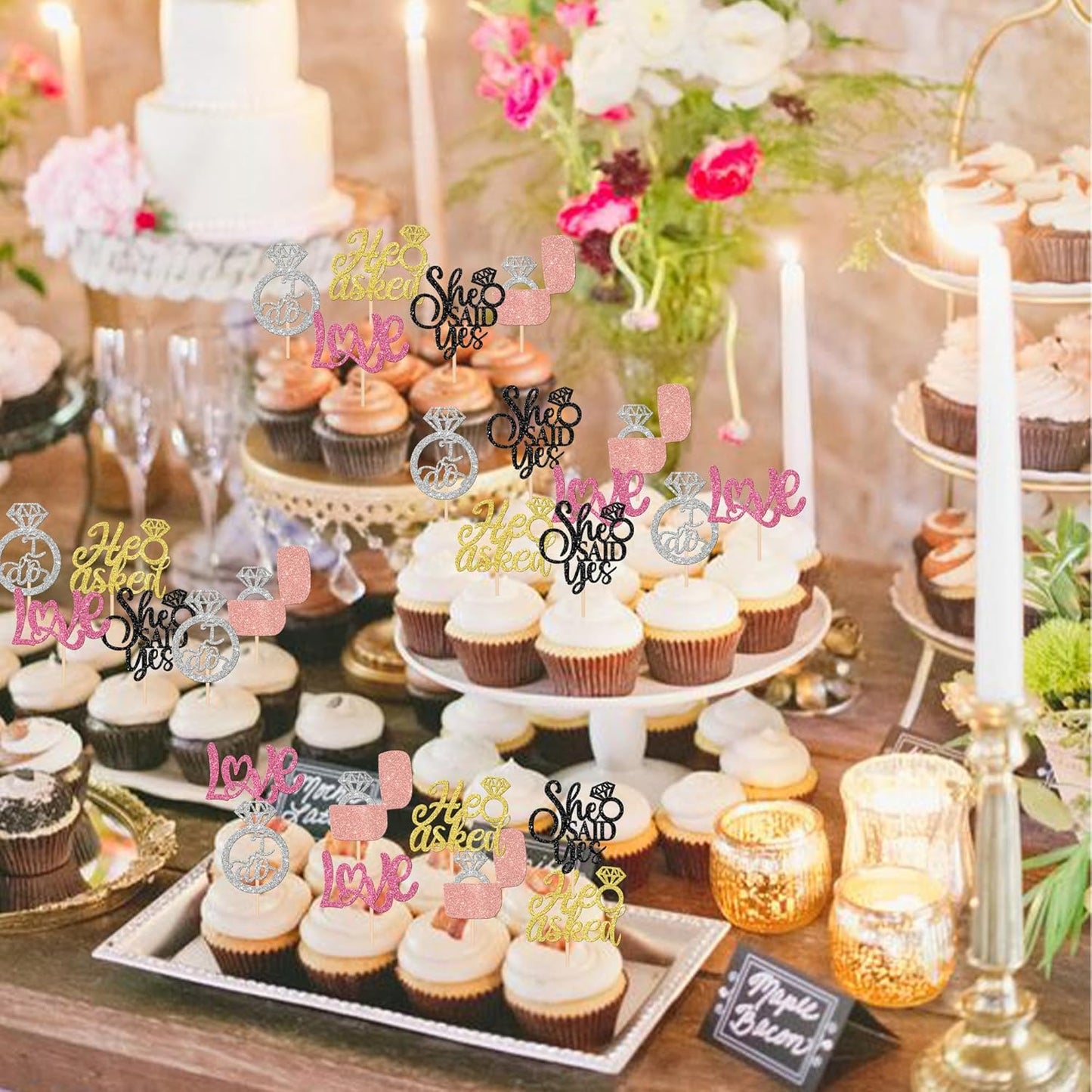 30 PCS He Asked She Said Yes Cupcake Toppers Diamond Ring Cupcake Picks Love I Do Bridal Shower Cake Decorations for Wedding Enaggement Theme Party Supplies Colorful