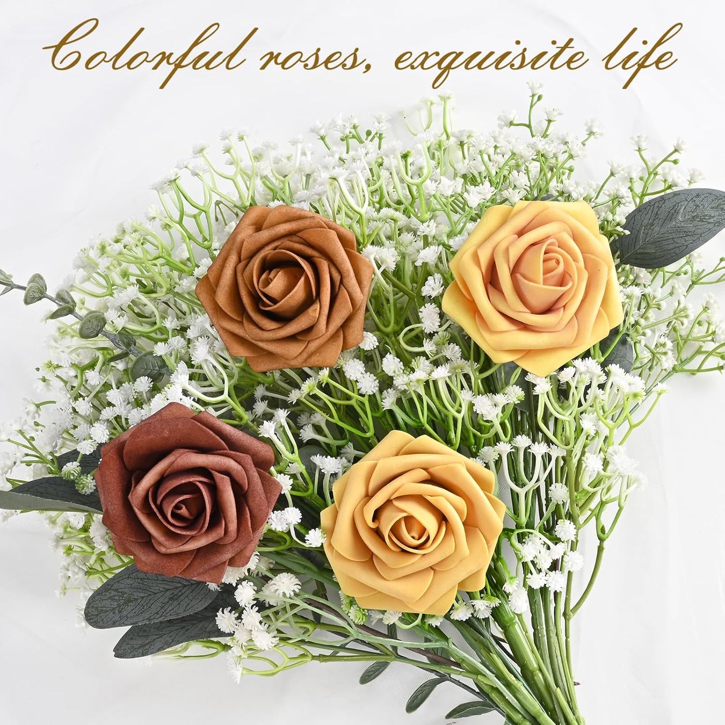 BLEUM CADE 16Pcs Artificial Flowers Fake Roses with Stems, Gradient Burnt Orange Boxed Foam Roses for DIY Bouquets Centerpieces Wedding Party Arrangement Bridal Shower Decor