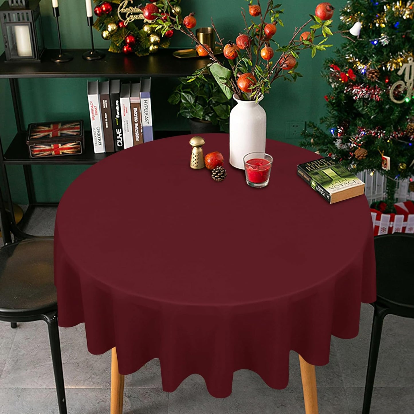 sancua Round Tablecloth - 60 Inch - Water Resistant Spill Proof Washable Polyester Table Cloth Decorative Fabric Table Cover for Dining Tables, Buffet Parties and Camping, Burgundy