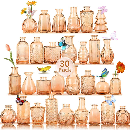 Valentine's Day Glass Bud Vases,Versatile Small Bud vases for Home and Wedding Decor, Exquisite Bridal Shower Table Centerpieces,Aromatherapy Bottles,Candle Holder, Gifts Idea(Pack of 30,Amber)