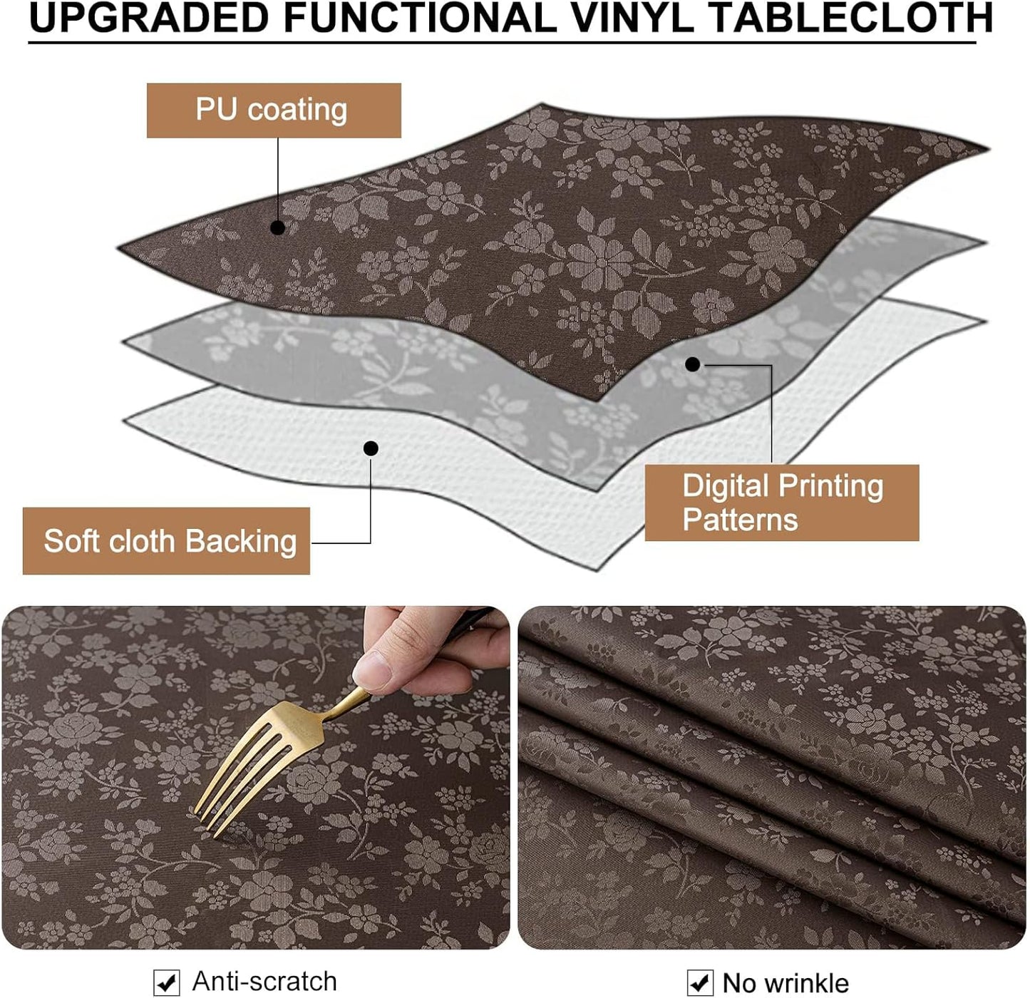 Smiry Round Table Cloth, Waterproof Heavy Duty Vinyl Tablecloths, Wipeable Washable Table Cover for Kitchen and Dining Room (Coffee, 60" Round)