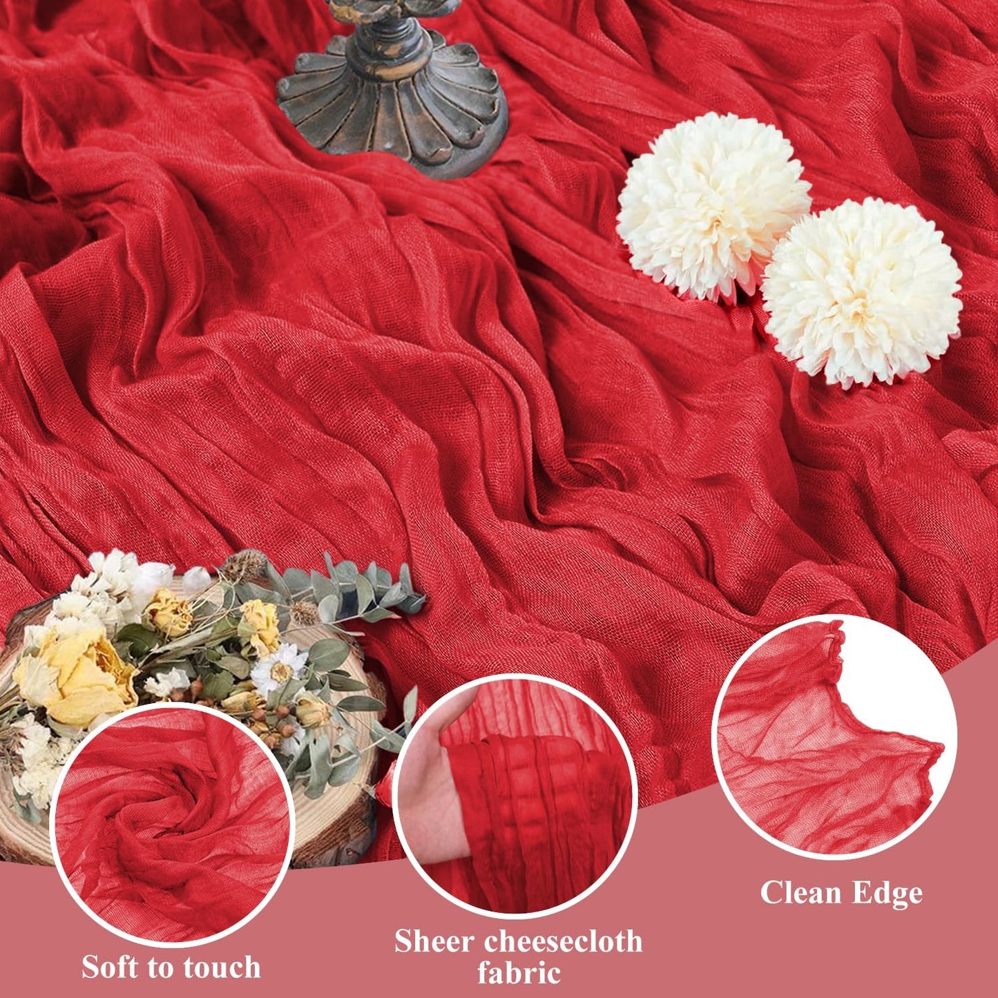 Asee'm 2PCS Fall Table Runner Cheesecloth 10FT Red Boho Gauze Fabric Rustic Sheer Cheese Cloth Runners for Thanksgiving Christmas Wedding Bridal Shower Party