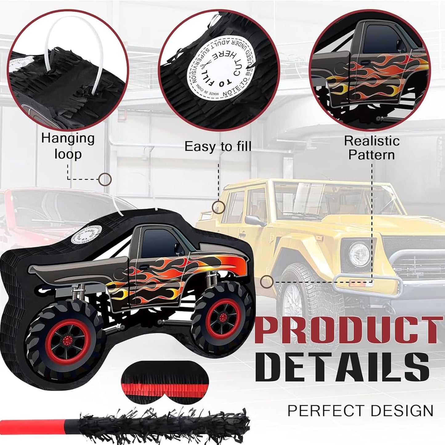 Car Pinata with Stick & Hanging Loop Mexican Pinata Game for Boy Truck Party Decorations Car Theme Birthday Carnival Party Supplies