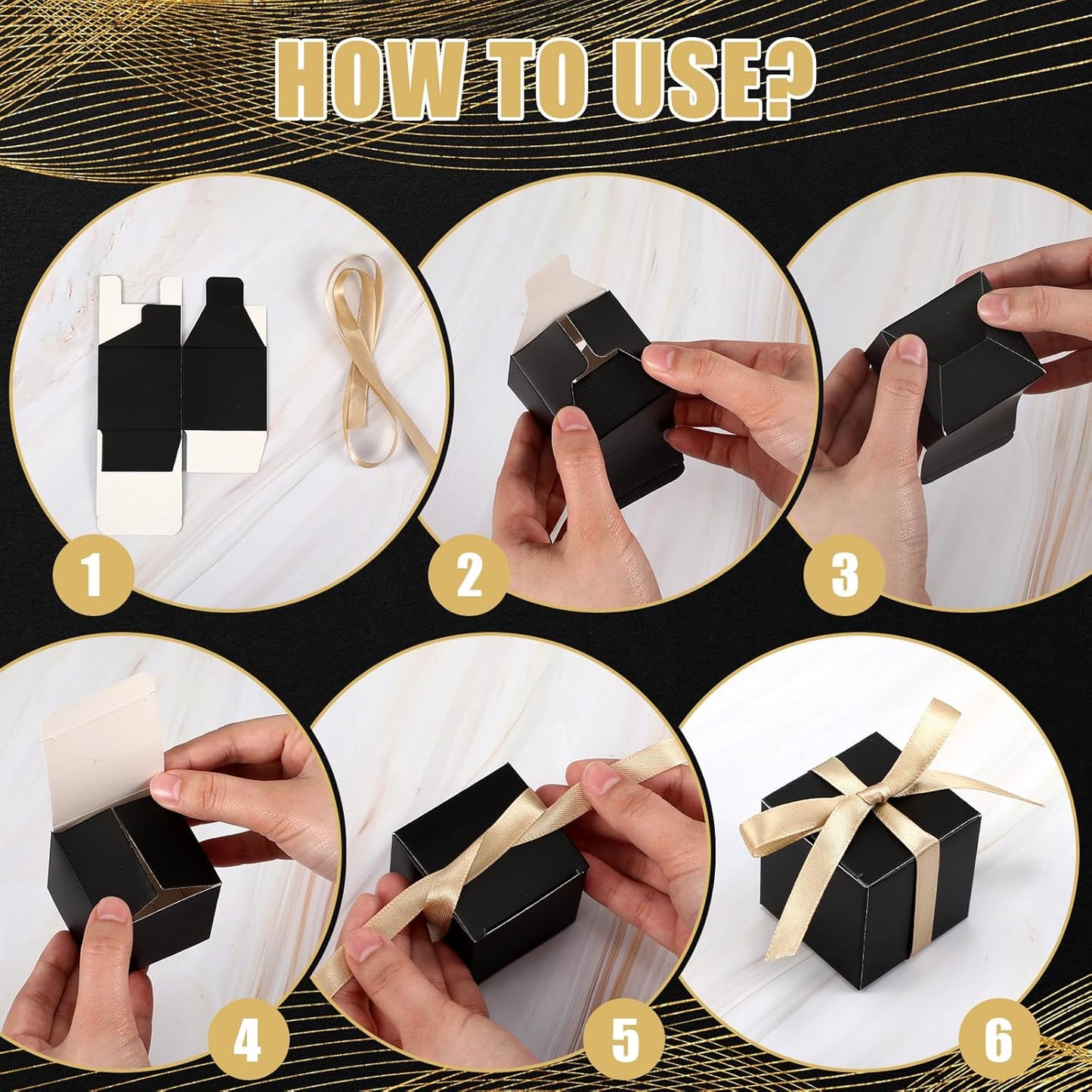 Jutom 100 Pcs Mini Favor Boxes Extra Small Candy Boxes Paper with Gold Ribbon for Christmas Thanksgiving Day Birthday Wedding Anniversary Supplies(3 x 3 x 3 Inch,Black)