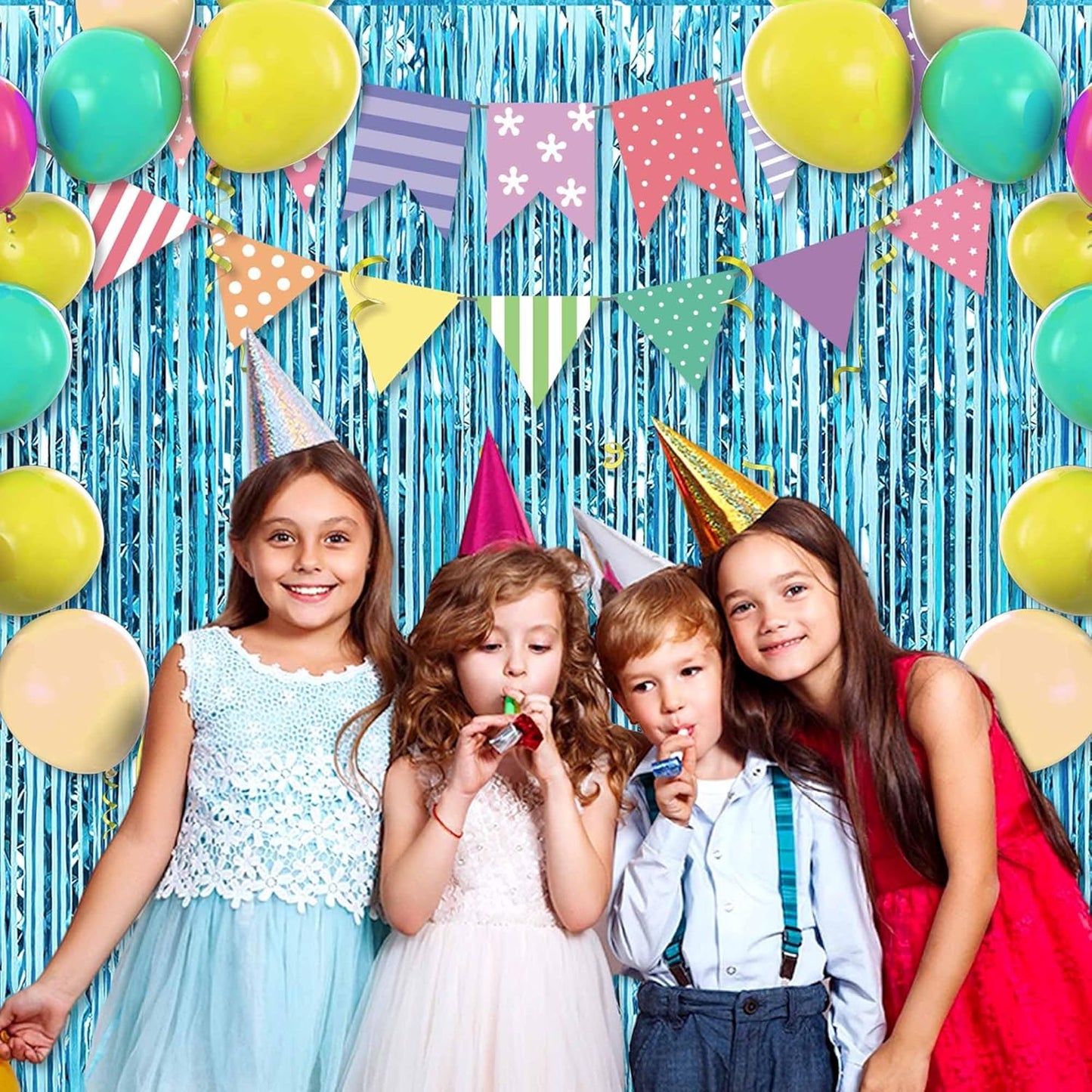 3 Pack Light Blue Foil Fringe Curtains Backdrop, 3.28 x 9.8 Ft Metallic Streamers Tinsel Curtains Background for Photo Booth, Birthday, Halloween, Christmas, Thanksgiving, New Year Party Decorations