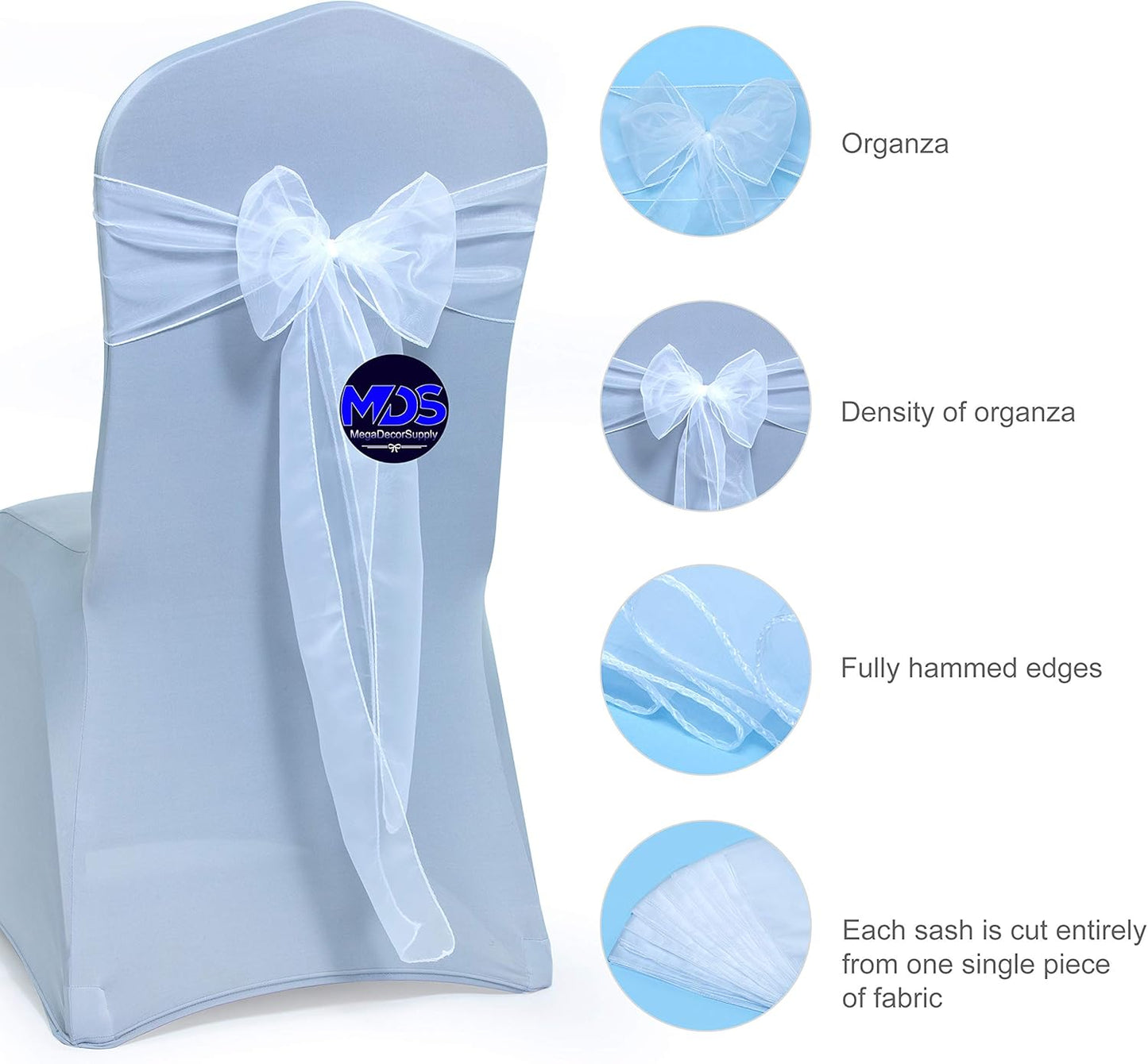 MDS Pack of 50 PCS Organza Chair Sashes Wider Dining Chair Bows Ribbon Tie Back for Wedding Party Birthday Bridal Shower Reception Event Banquet Home Chair Cover Decoration - White