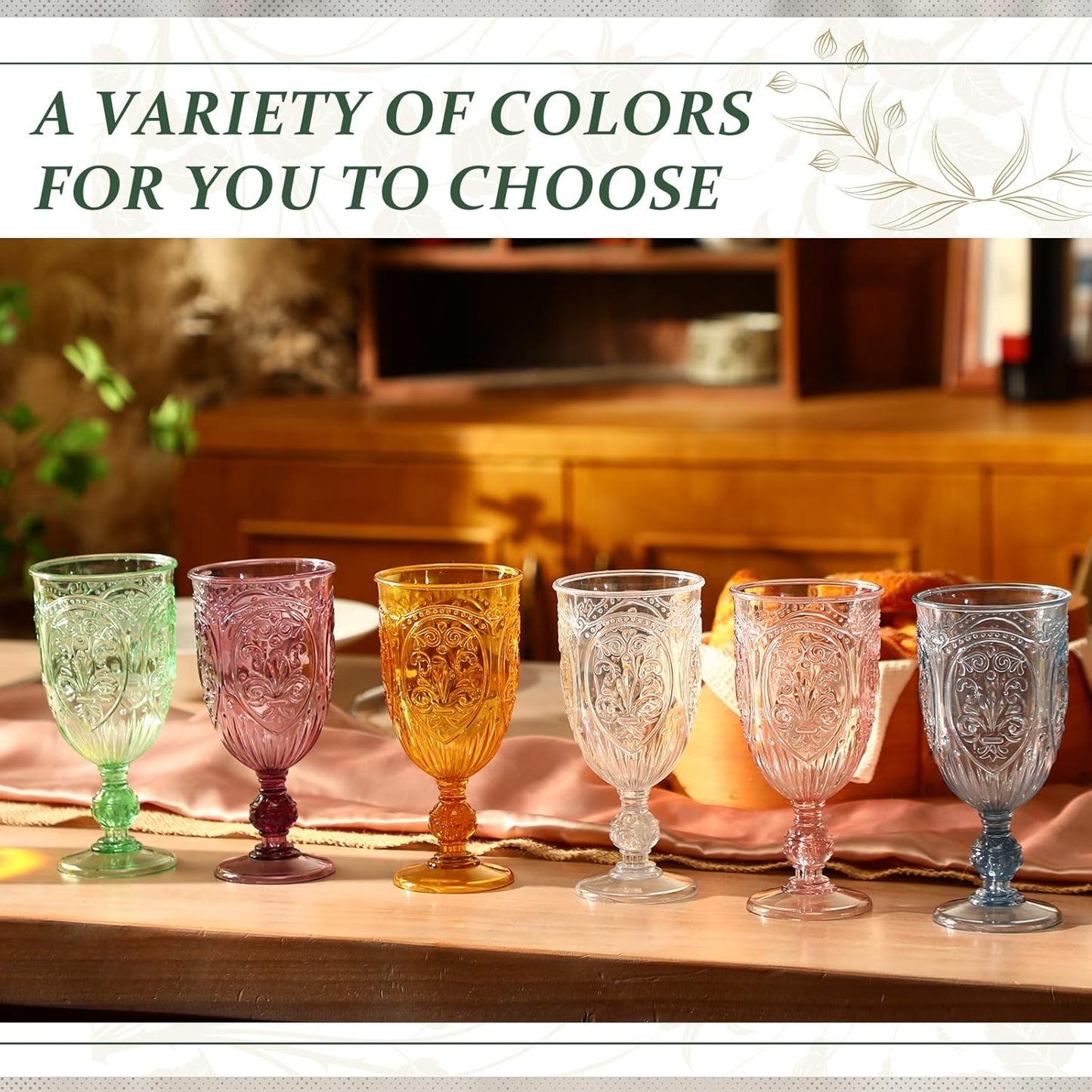 60 Pack Plastic Goblets 10oz Upgrade Vintage Water Goblet Plastic Wine Glasses Colored Retro Embossed Glassware for Party Wine Bar Juice Baby Shower Wedding Reception Grand (Blue)