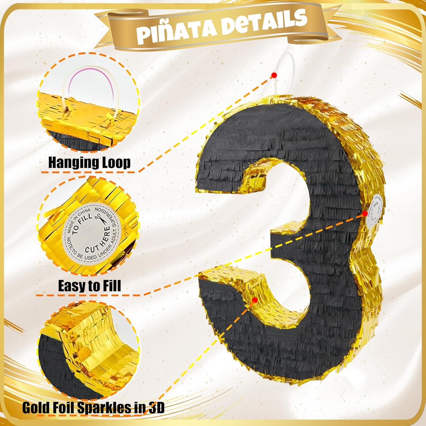 PCFING 20 Inch Number 3 Piñata Gold Black with 30 Inch Piñata Stick Blindfold Confetti for Man Women Boys Girls Birthday Party Decorations, Anniversary Celebration, Fiesta
