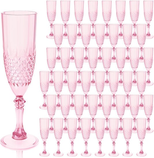 Plastic Champagne Flutes, 48PCS Pink Wine Glasses Goblets Cups Reusable Flute, for Weddings Bachelor Parties Toasting and Events (48, Pink)