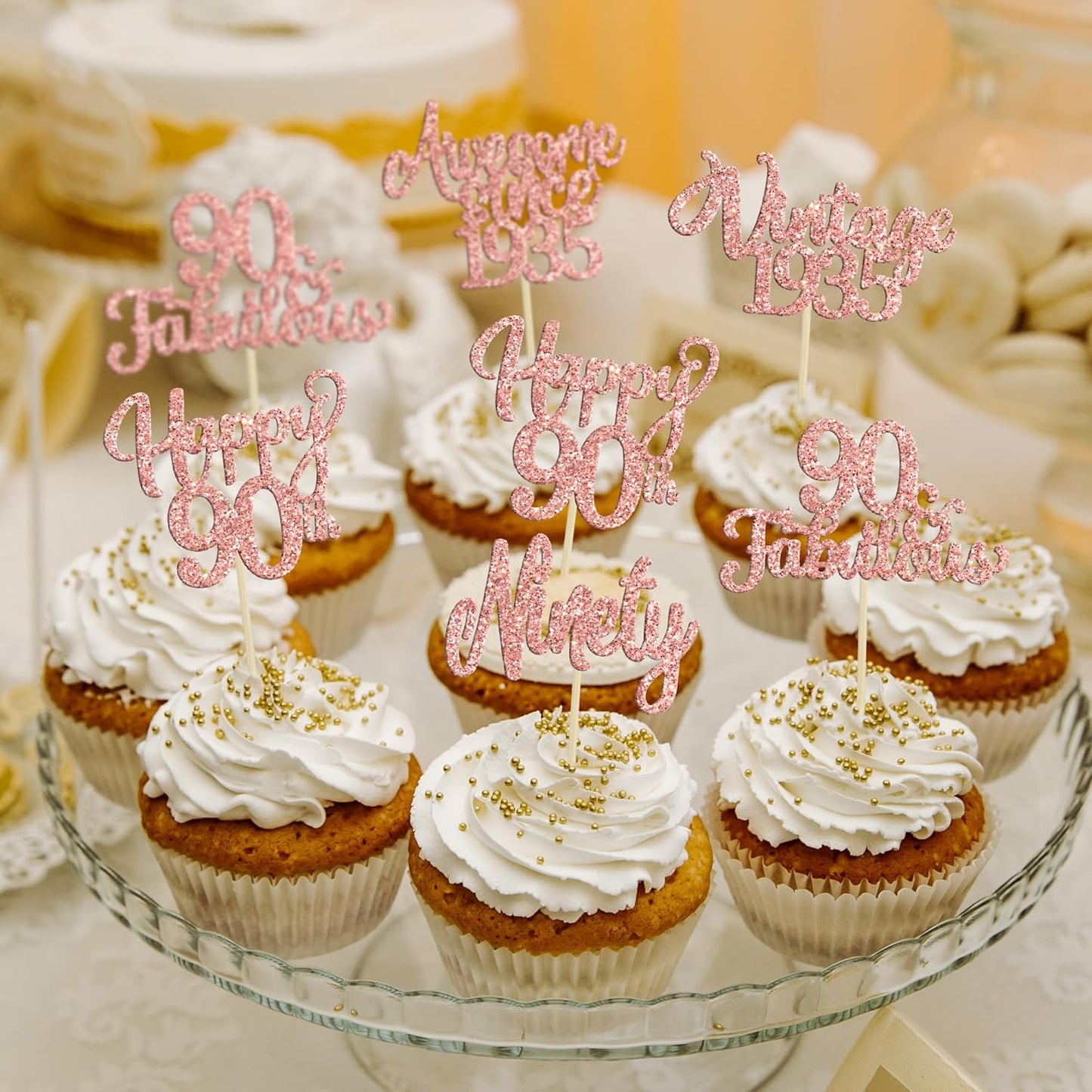 30Pcs Vintage 1935 Cupcake Toppers Glitter Ninety 90 Fabulous Happy 90th Birthday Cupcake Picks Awesome Since 1935 Cake Decorations for 90th Birthday Anniversary Retirement Party Supplies Rose Gold