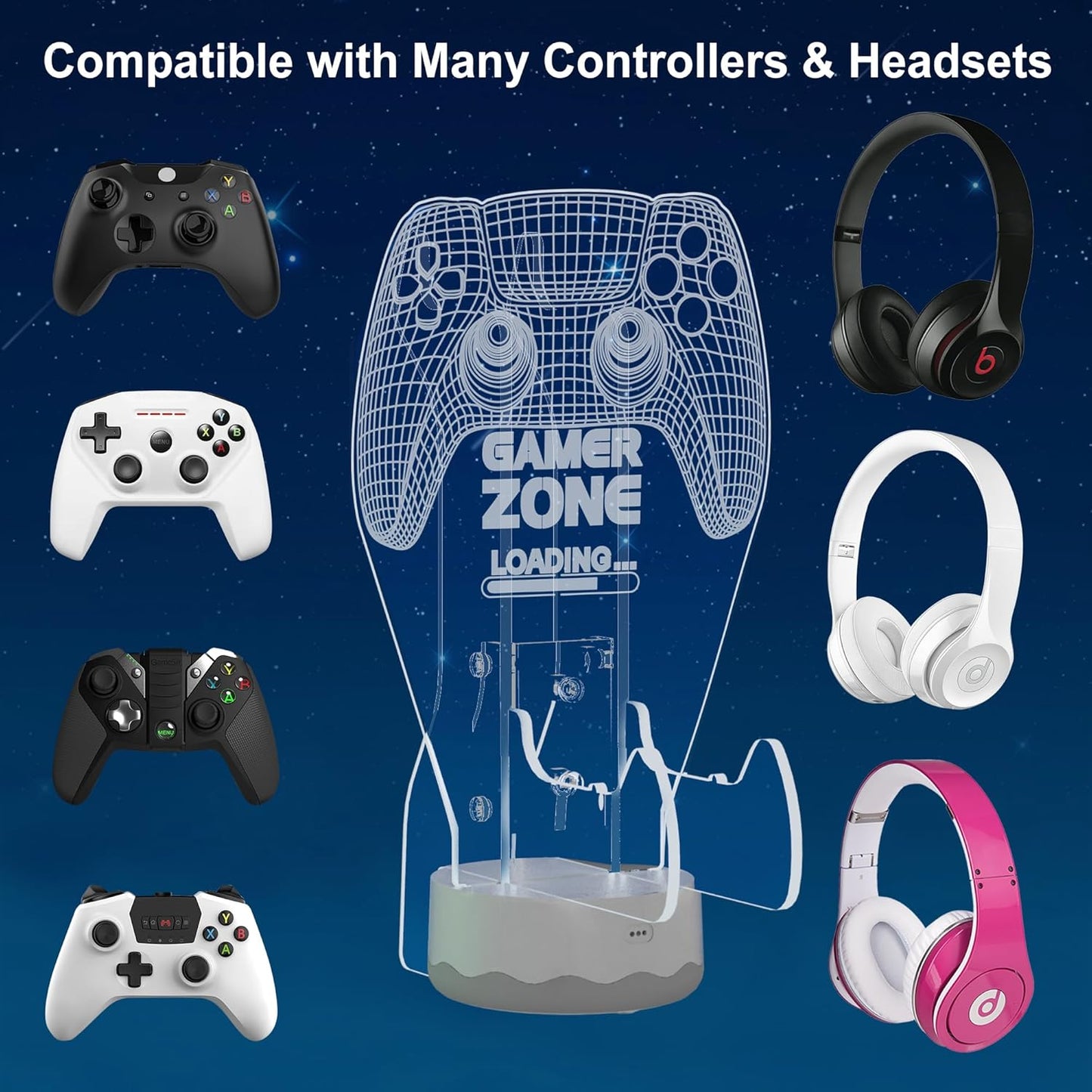 Light up Headset and Controller Stand, 16 Colors 3D LED Lights Gamepad Headphone Holder with Remote Control, Game Controller Hanger for All Universal Gaming PC Accessories