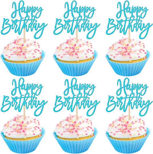 24 PCS Happy Birthday Cupcake Toppers Glitter Picks for Celebrating Anniversary Theme Party Cake Decorations Supplies - Lake Blue