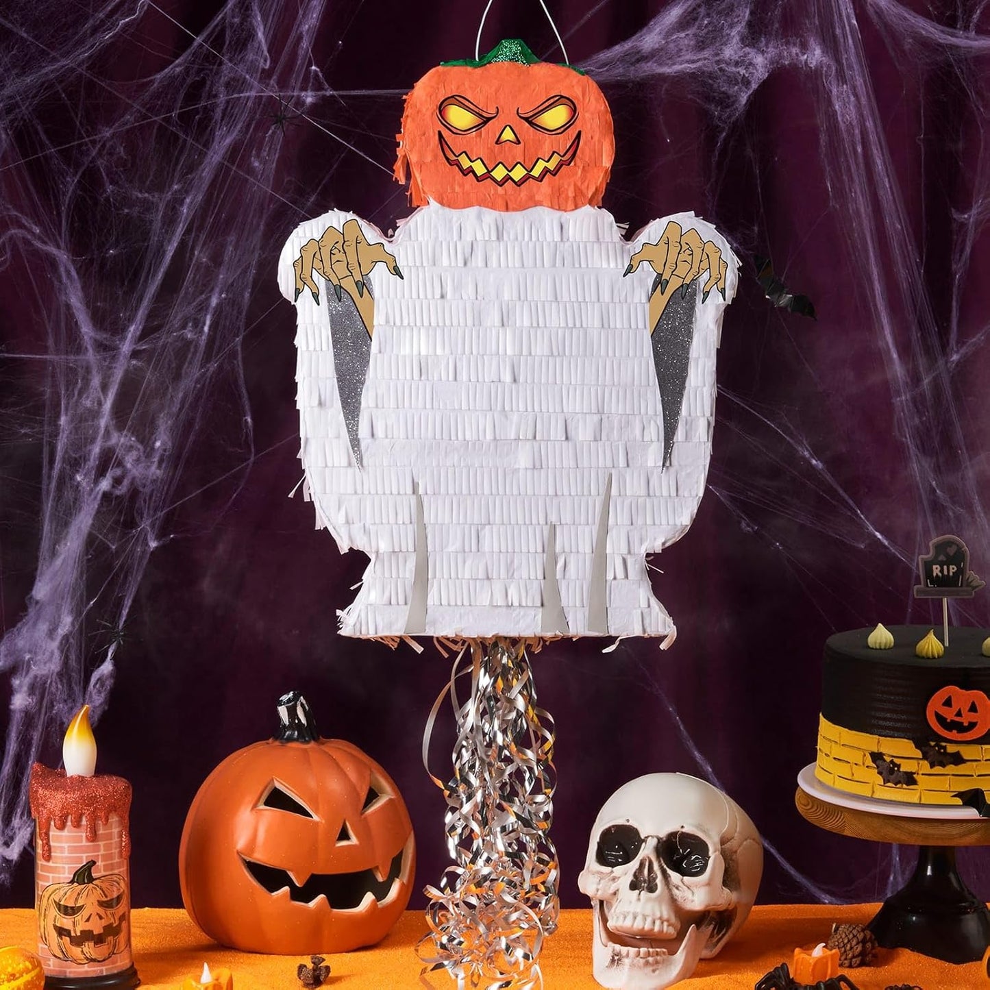 WERNNSAI Halloween Ghost Pinata - Halloween Party Decorations Hallow-een Pumpkin Party Games for Kids Trick or Treat Theme Party Haunted House Jack O Lantern Decorations with Bat Blindfold