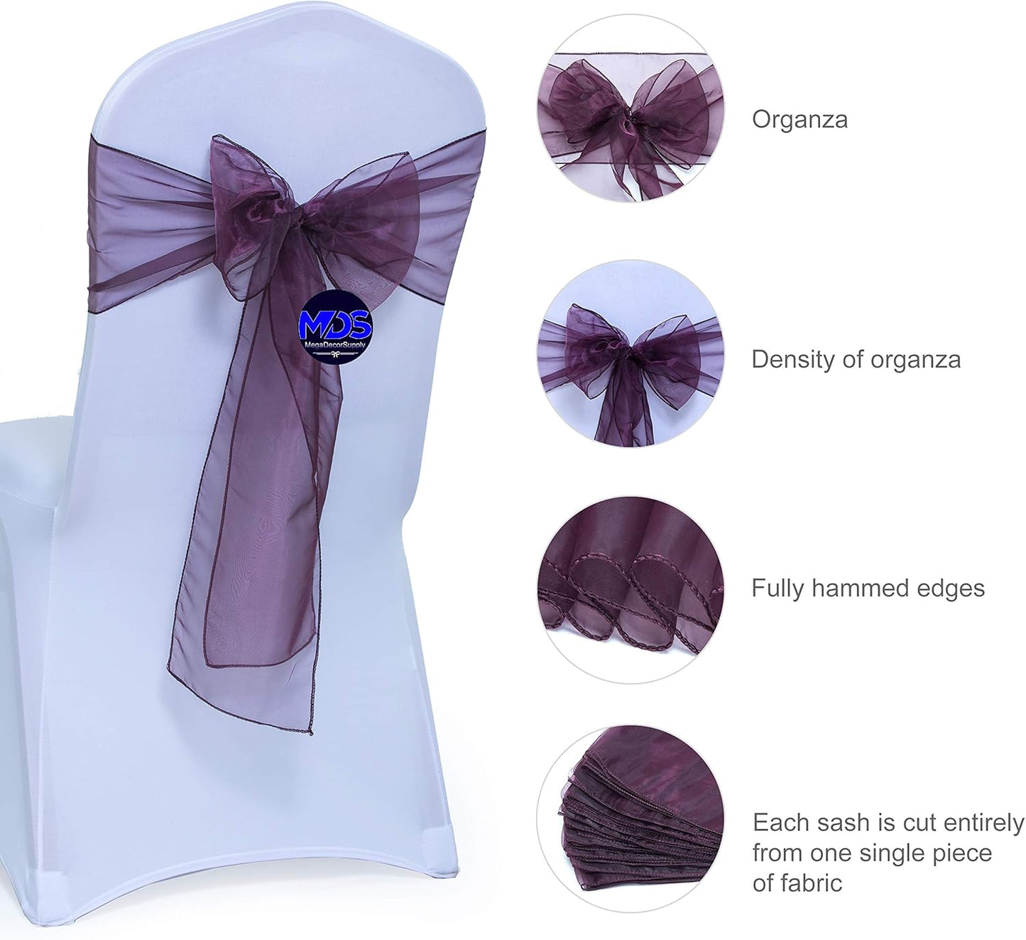 MDS Pack of 50 PCS Organza Chair Sashes Wider Dining Chair Bows Ribbon Tie Back for Wedding Party Birthday Bridal Shower Reception Event Banquet Home Chair Cover Decoration - Plum