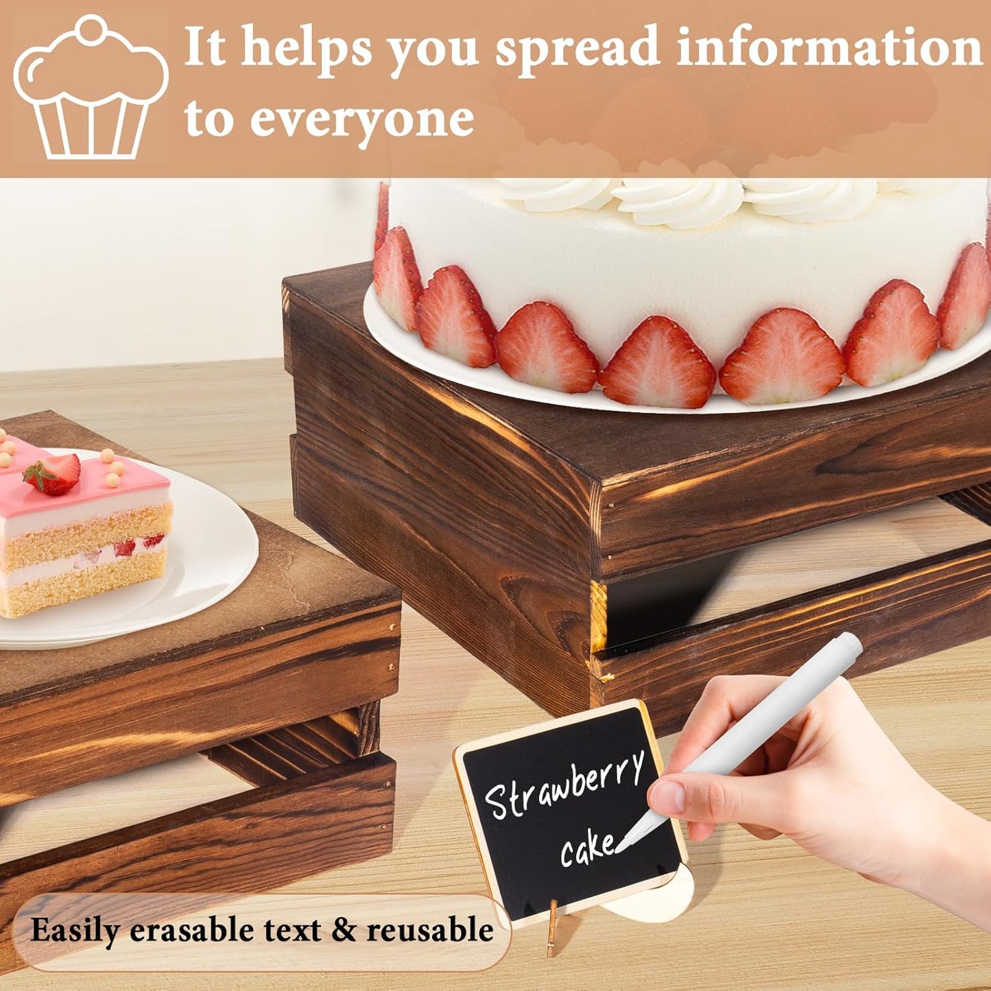 4 Pcs Buffet Risers with Mini Signs, Rustic Wood Cake Stands, Food Risers for Buffet Table, Dessert Display Stand, Wood Crates, Rustic Cake Stand for Party, Wedding, Birthday, Baby Shower, 4 Sizes