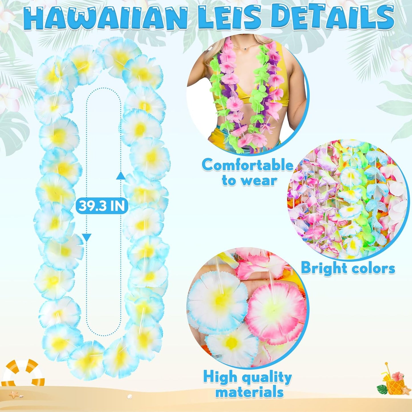 50PCS Hawaiian Leis, Leis for Luau Party Decor, Hawaiian Leis Colorful Tropical Theme Silk Flower Bulk, Hawaii Flower Lays Garland Summer Pool Birthday Party Favors Supplies Accessories