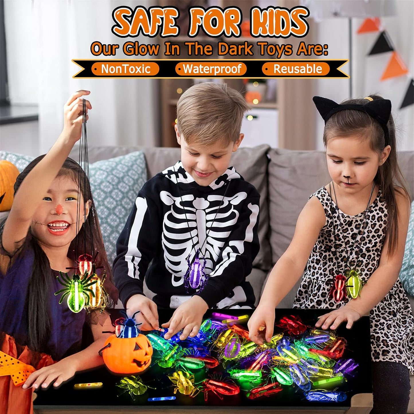 82 Pcs Glow Critters For Halloween Party Favor, Include Glow Bugs and Mini Glow Sticks, Glow in the Dark Party Toys Set for Kids, Trick or Treating Goodie Supplies, School Classroom Game Prizes