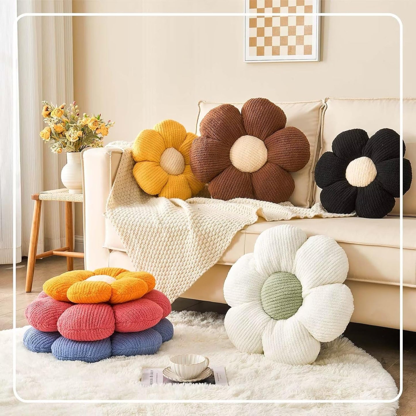 Flower Throw Pillow, Soft Brown 19.6" Shaped Floor Pillow for Home Decor, Cute Aesthetic Plush Decorative Pillows for Bed, Sofa, Couch