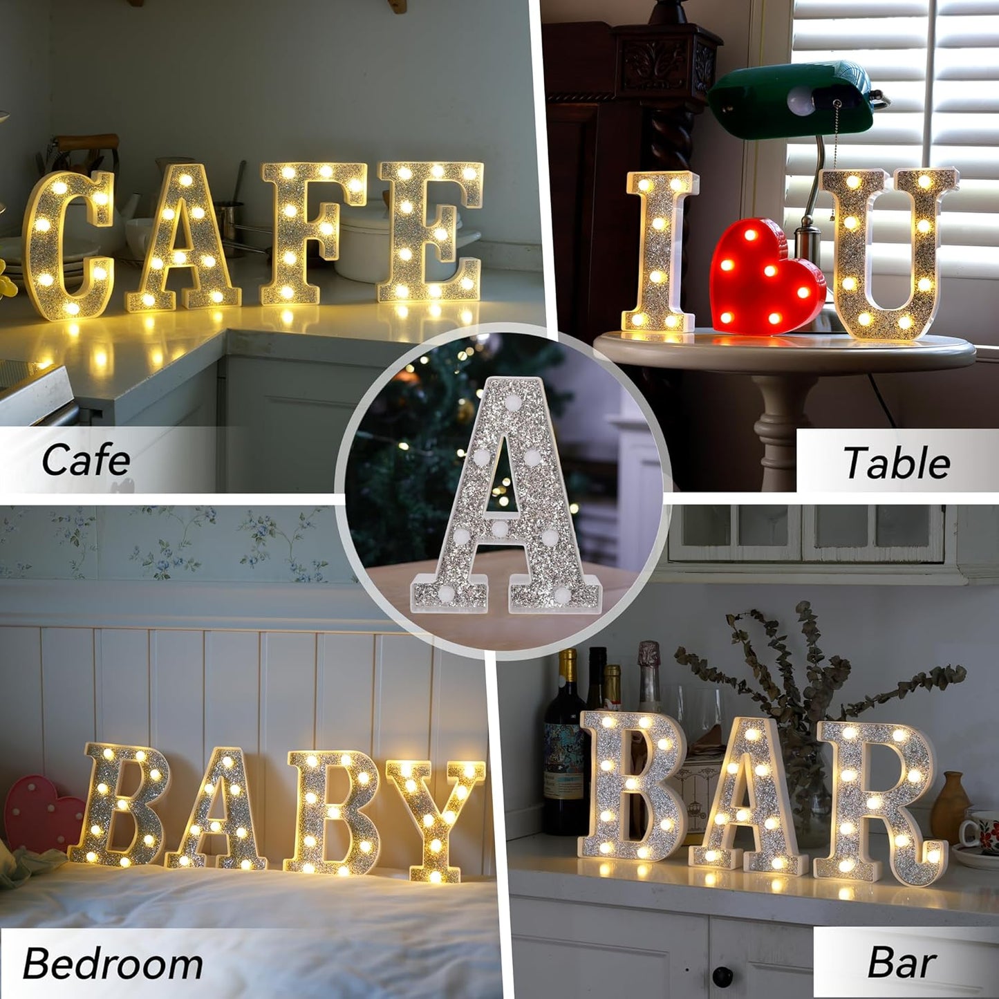 Marquee Light Up Letters, Glitter Silver LED Letter Lights Battery Powered Alphabet Letter Sign for Night Light Wedding Birthday Party Cafe Bar Decoration Girls Room Decor - &