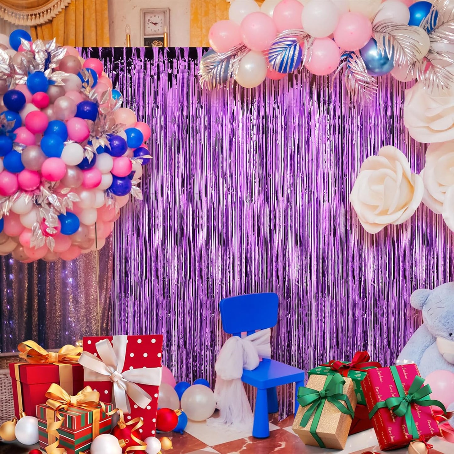Crosize 7 Pack 3.3 x 9.9 ft Purple Foil Fringe Backdrop Curtain, Streamer Backdrop Curtains, Streamers Birthday Party Decorations, Tinsel Curtain for Parties, Galentines Decor