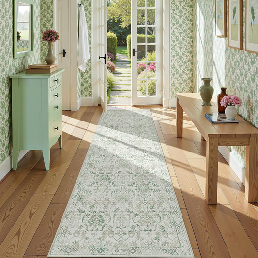 Green 3x12 Runner Rug for Hallways Bed Side Kitchen, Boho Washable Distressed Low-Pile Floor Entryway Long Bathroom Mat, Non-Slip Laundry Room Washstand Front Carpet Green 36x144 Inch