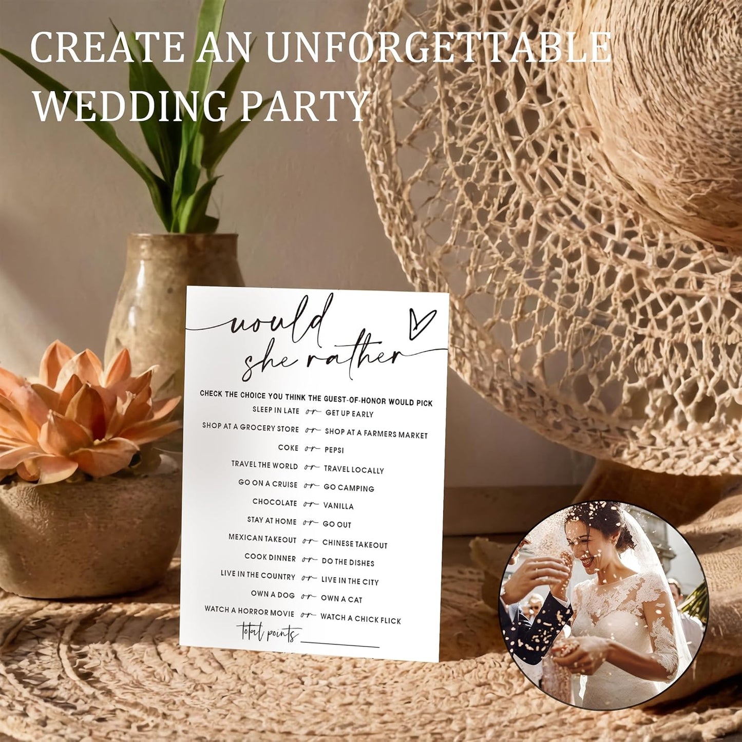 Fun Bridal Shower Games Set 25 Wedding Games Cards, Would She Rather Bridal Shower Game for 25 Guests Engagement Party Wedding Entertainment, Minimalist Newlywed Party Supplies - A11