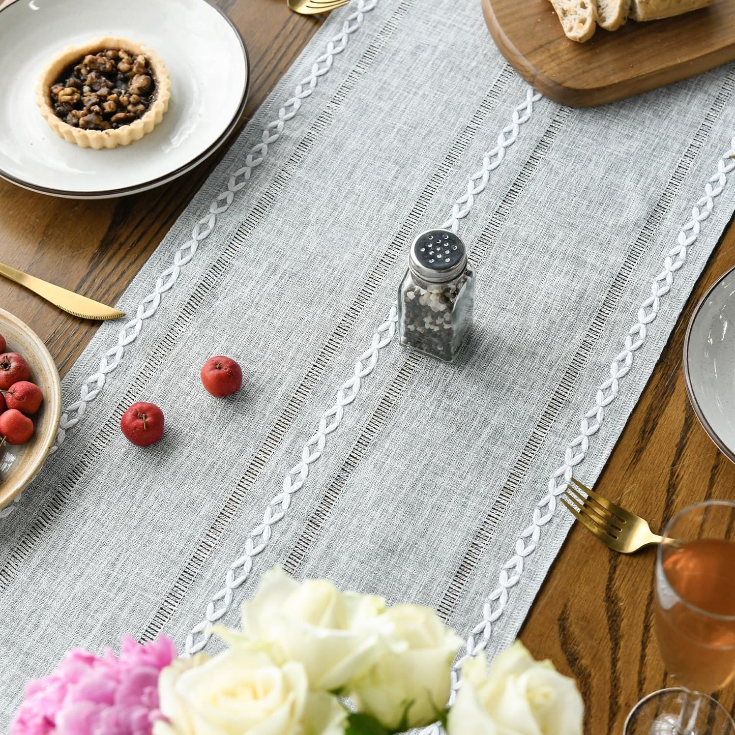 Artoid Mode Grey Rustic Cotton Linen Table Runner, Seasonal Embroidered Hollow Kitchen Dining Table Decoration for Home Party Decor 13x90 Inch