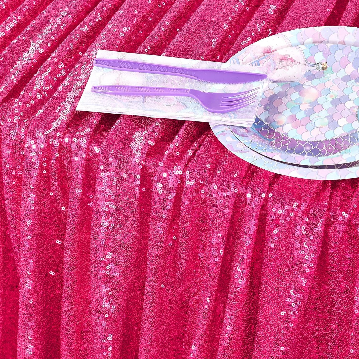 QueenDream Rectangular Sequin Tablecloth 90 x 132 inch Sparkly Patio Table Cloth for Spring Party Wedding Baby Shower Table Decoration Fuchsia