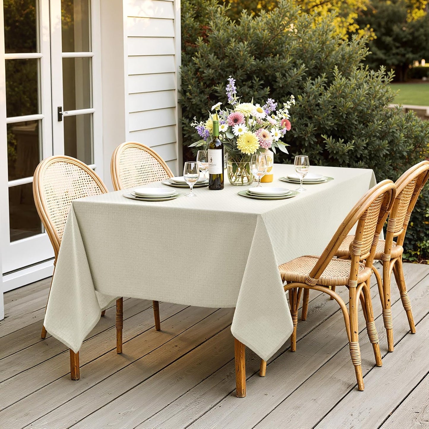 MIULEE Ivory Linen Cottton Table Cloth Rectangle Tablecloth Waterproof Spillproof Cross-Star Textured Table Cltoth Decorative Farmhouse Style for Dining Party Weddings 52x70 Inch