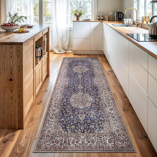 Bloom Rugs Washable Non-Slip 10 ft Runner - Dark Blue/Beige Traditional Medallion Runner for Entryway, Hallway, Bathroom, and Kitchen - Exact Size: 2.5' x 10'