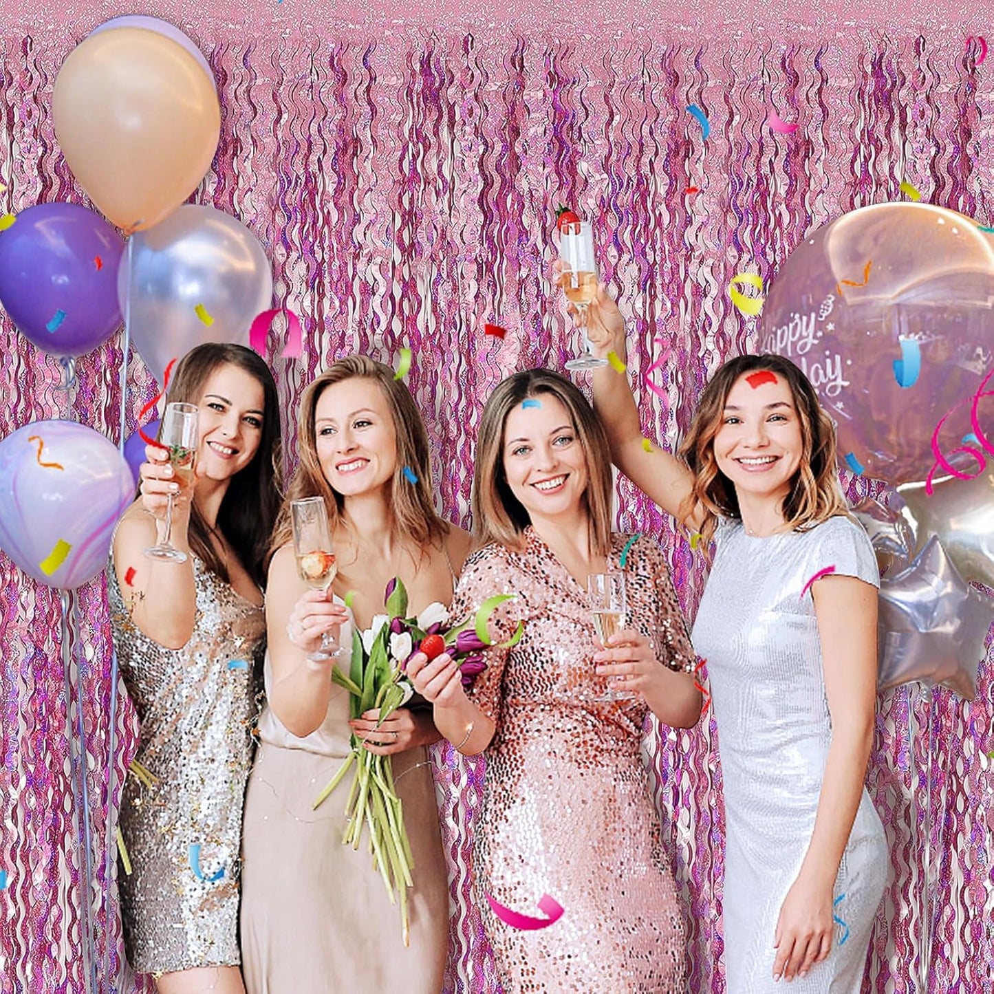 Pink Tinsel Foil Fringe Curtains Wavy Backdrop for Parties Sparkle Metallic Wavy Foil Fringe Backdrop Curtain for Party Decorations Photo Booth Props for Birthday Graduation Wedding