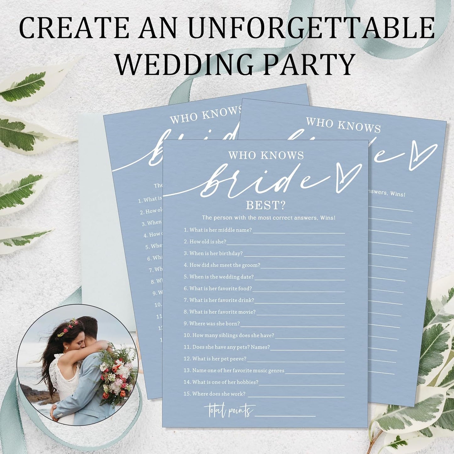 Fun Wedding Shower Games Cards Who Knows The Bride Best Engagement Party Wedding Game Bridal Shower Games 25 Guests Minimalist Blue Newlywed Party Supplies and Decorations - B05