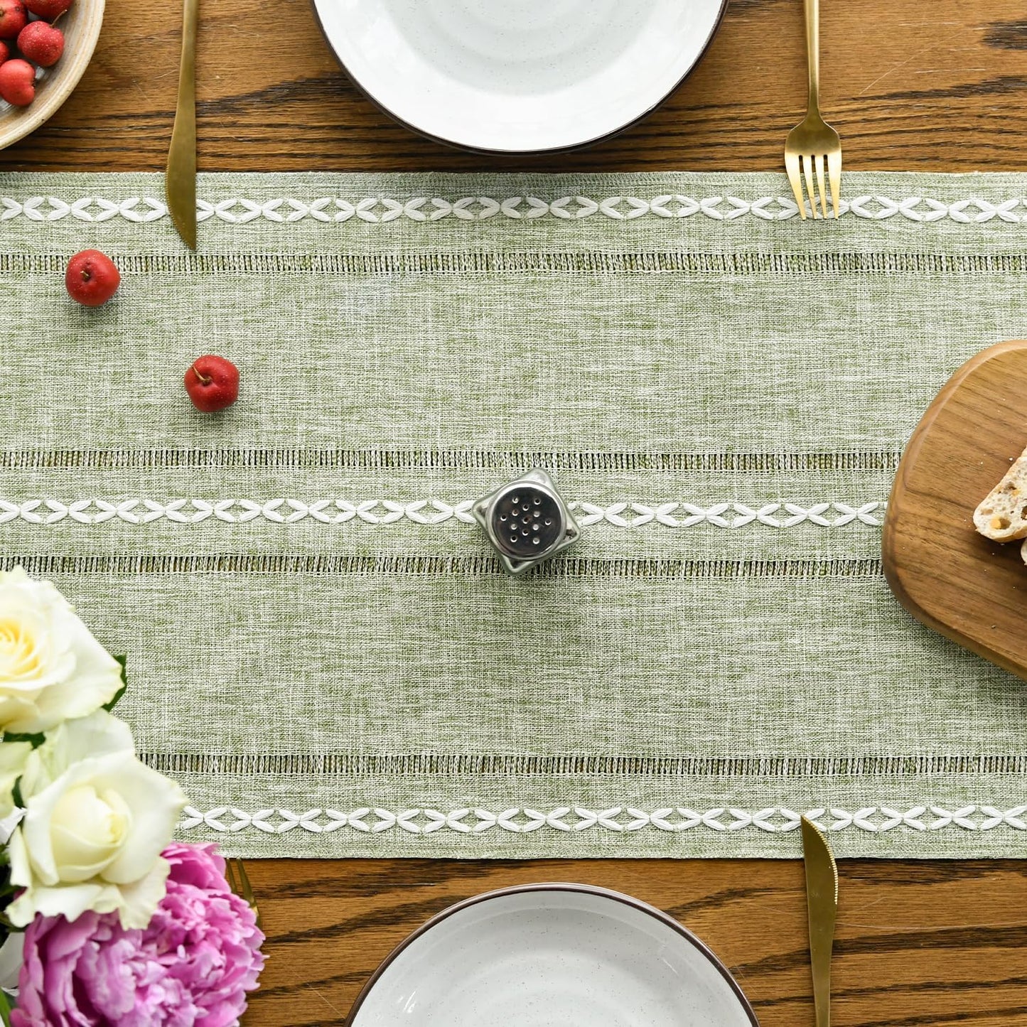 Artoid Mode Sage Green Rustic Cotton Linen Table Runner, Seasonal Embroidered Hollow Kitchen Dining Table Decoration for Home Party Decor 13x90 Inch
