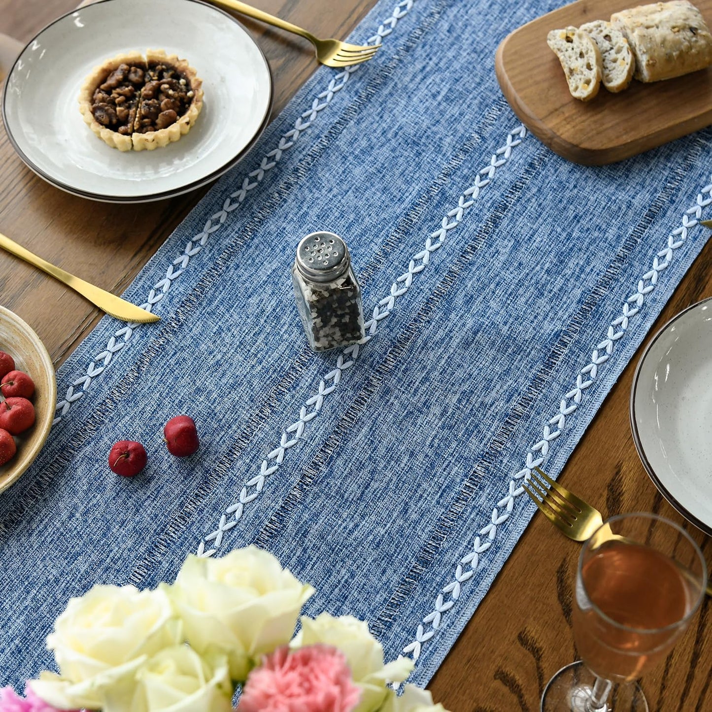 Artoid Mode Blue Rustic Cotton Linen Table Runner, Seasonal Embroidered Hollow Kitchen Dining Table Decoration for Home Party Decor 13x60 Inch