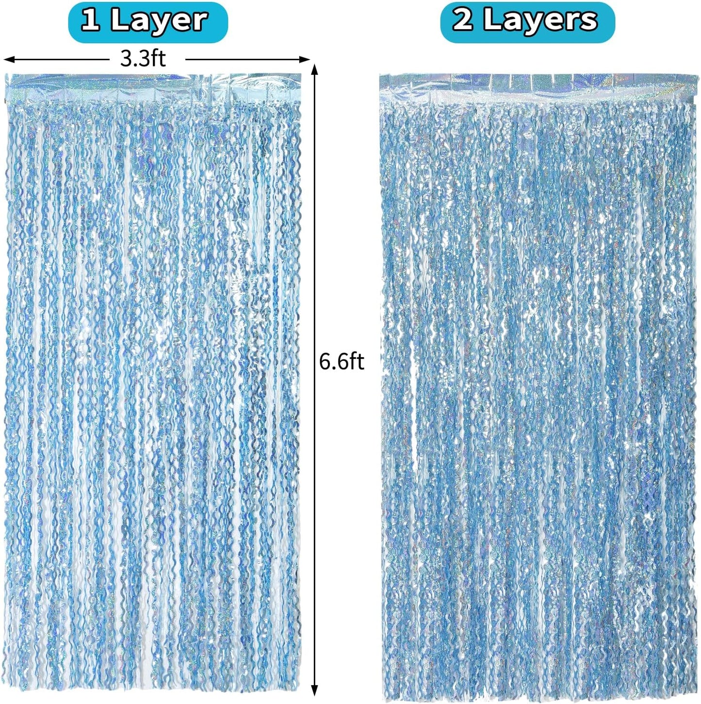 4 Pack Wavy Blue Tinsel Backdrop Streamers Party Decorations 3.3x6.6 Feet | Foil Fringe Curtain Ocean Themed | Blue Birthday Decorations