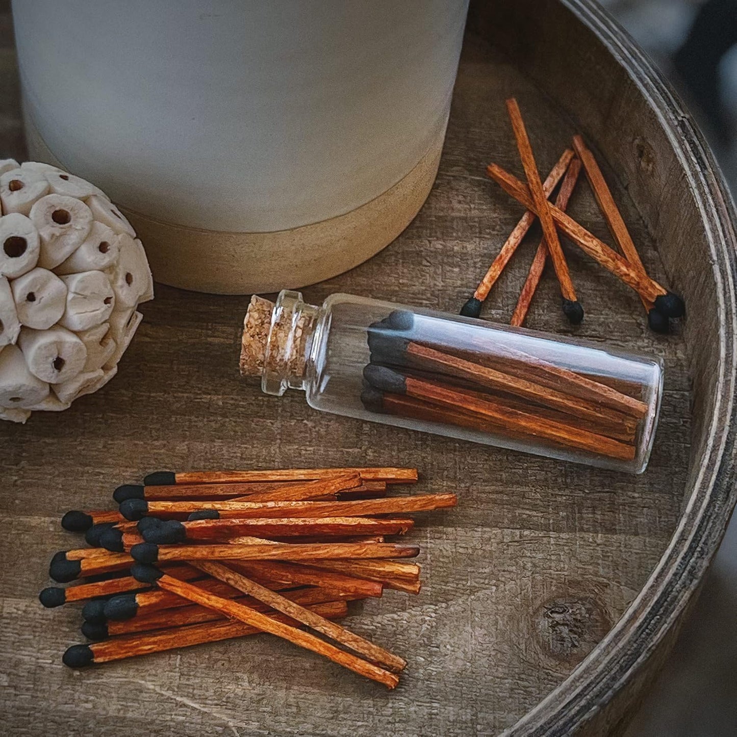 Thankful Greetings 2" Matches in 3 Glass Bottles Cork Top, Striker Stickers Included | 60 Matchsticks Color of Your Choice | Decorative Safety Matches w/Small Glass Holder | Gifts & Home Decor
