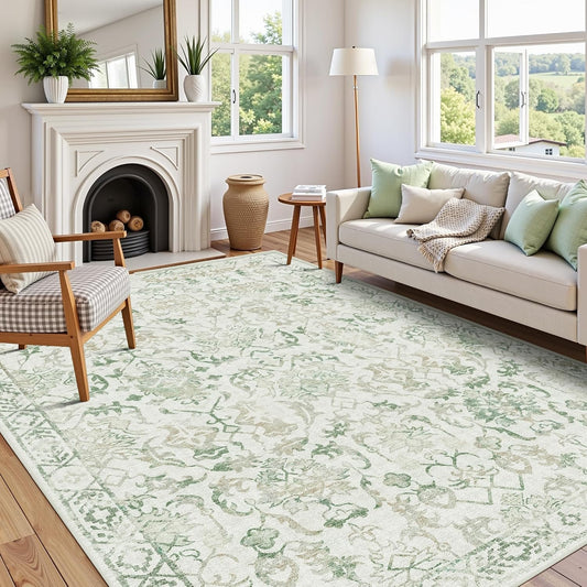 Deerly Green Area Rugs 9x12 for Living Room Soft Non-Slip, Large Bedroom Rug Vintage Dining Room Rug Tribal Farmhouse Carpet for Dining Room Office Green