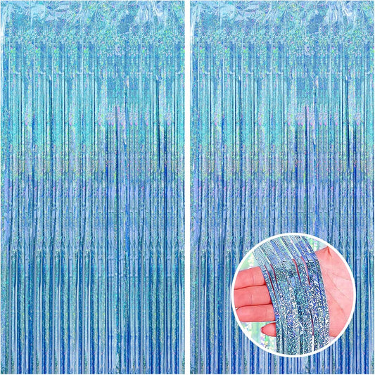 CANREVEL 2 Pack 3.3x8.2 Feet Light Blue Foil Fringe Backdrop Curtains, Glitter Tinsel Streamers Birthday Party Decorations, Fringe Backdrop for Baby Shower Mermaid Under The Sea Ocean Frozen Party