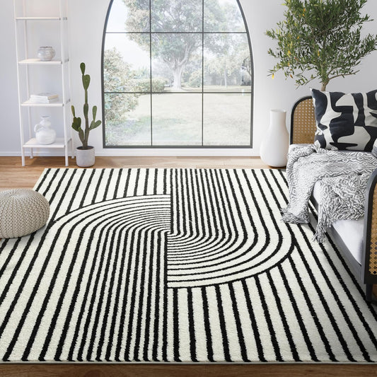 Abani Nuevo Collection Area Rug - Mid-Century Black and White Arch Knot Design - 2'6" x 6' - for Living Room, Bedroom & Office