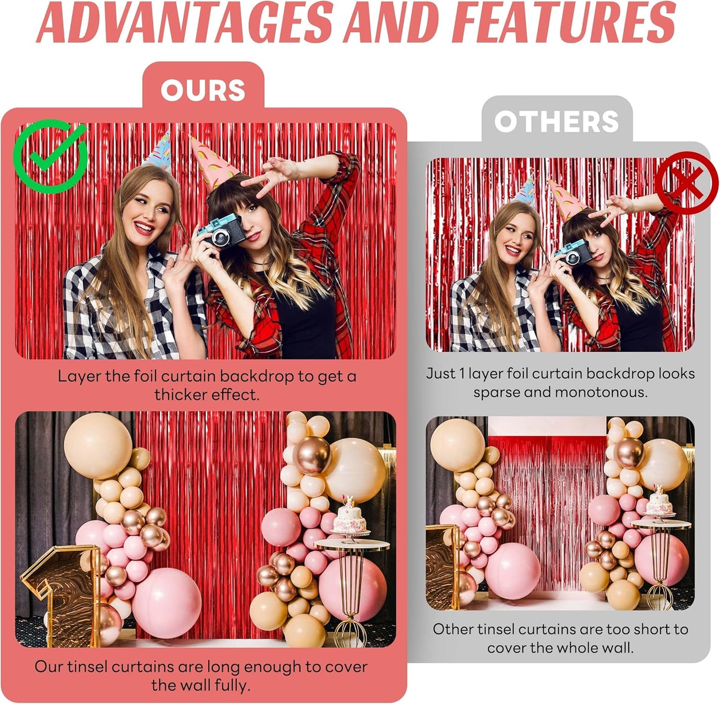 BTSD-home 10 Pack Red Foil Fringe Curtain, Metallic Photo Booth Backdrop Tinsel Door Curtains for Wedding Birthday Bridal Shower Valentine Bachelorette Christmas Party Decorations(8ft x 3ft)